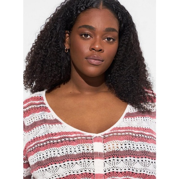 Torrid Open Stitch Pullover V Neck Cinched Front Sweater Pink Stripe 4X - Picture 3 of 10